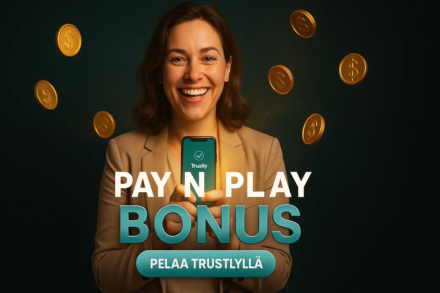 Suomalainen nainen pitelee hehkuvaa puhelinta, kolikot leijuvat, Pay N Play bonusbanneri