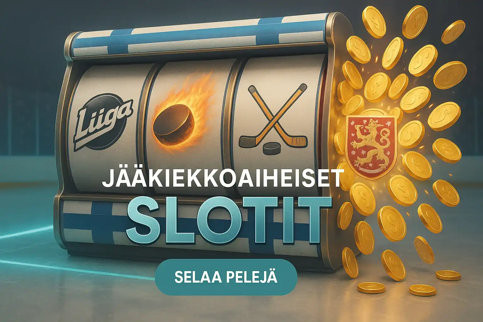 Jääkiekkoaiheinen kolikkopelibanneri, SM-liiga-teemaiset rullat, kultakolikot ja neonvalo