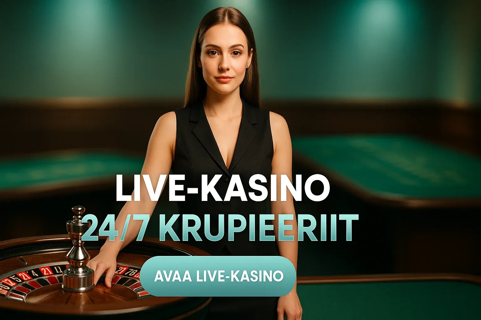 Fotorealistinen live-kasino banneri, croupier ja rulettipyörä, teksti LIVE-KASINO