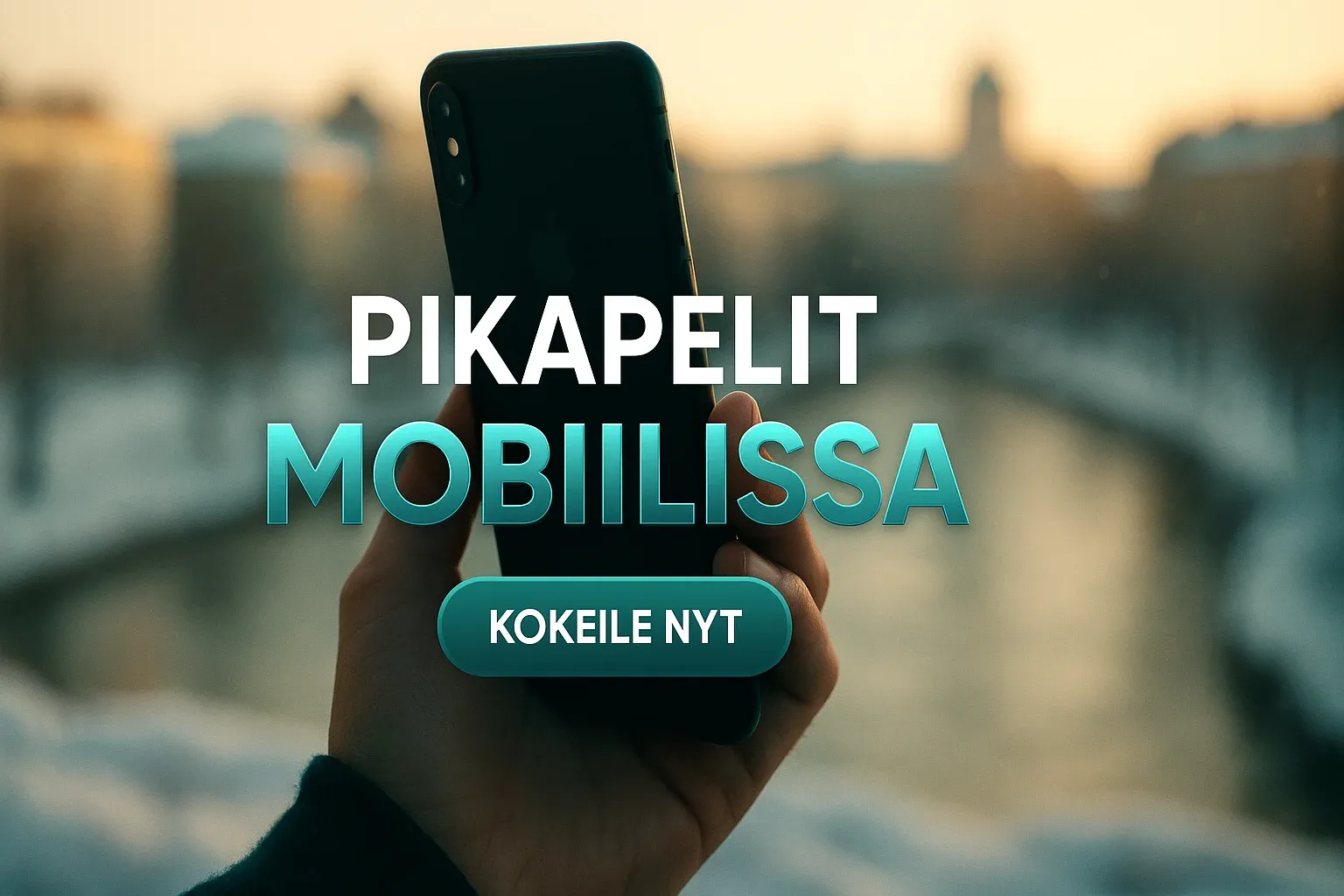 Suomalainen kasinomainosbanneri, käsi pitelee puhelinta talvikaupungissa, teksti PIKAPELIT MOBIILISSA