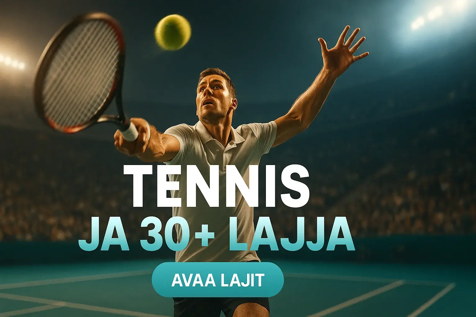 Suomalainen kasinomainosbanneri, tennispelaaja syöttää, teksti TENNIS ja 30+ lajia
